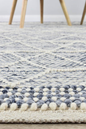 Albona Blue White Wool Rug - Floorsome - FLATWEAVE