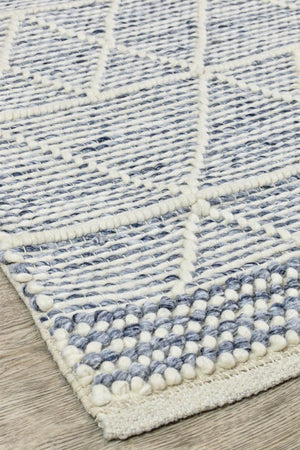 Albona Blue White Wool Rug - Floorsome - FLATWEAVE