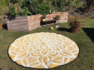 ANCESTRAL CONNECTEDNESS Mandala Design Recycled Plastic Mat, Orange & White 2.4m Diameter - Floorsome - Outdoor Rugs