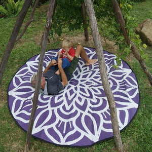 ANCESTRAL CONNECTEDNESS Mandala Design Recycled Plastic Mat, Violet & White 2.4m Diameter - Floorsome - Outdoor Rugs