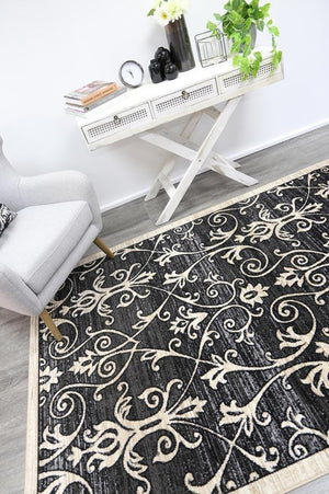 Arya Grey and Beige Ikat Abstract Vines Rug - Floorsome - Traditional