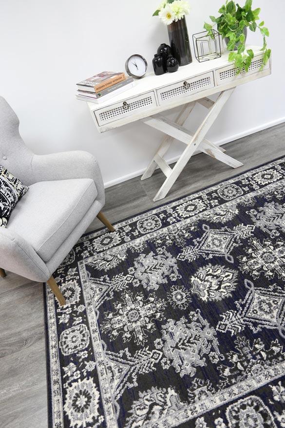 Arya Navy Blue and Grey Ziegler Traditional Ikat Rug