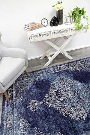 Arya Navy Distressed Contemporary Rug - Floorsome - Traditional