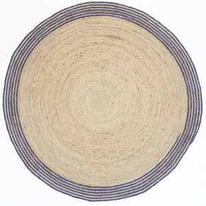 Capri Navy Blue Natural Round Border Rug - Floorsome - Natural