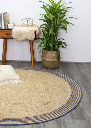 Capri Navy Blue Natural Round Border Rug - Floorsome - Natural