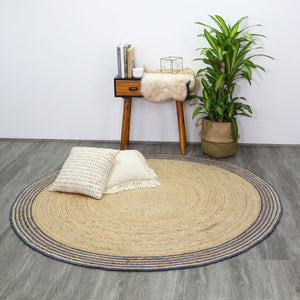 Capri Navy Blue Natural Round Border Rug - Floorsome - Natural