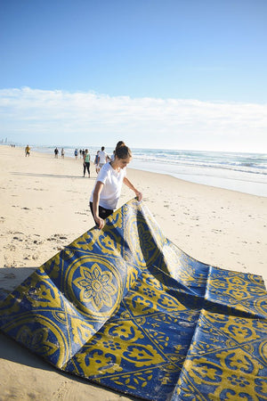 CASABLANCA Recycled Plastic Mat, Royal Blue and Gold 3 x 3m - Floorsome - Outdoor Rugs