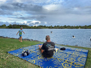 CASABLANCA Recycled Plastic Mat, Royal Blue and Gold 3 x 3m - Floorsome - Outdoor Rugs