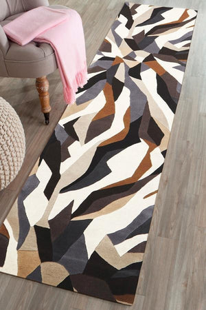 Crossroads Designer Wool Runner Rug Brown White Grey - Floorsome - Modern