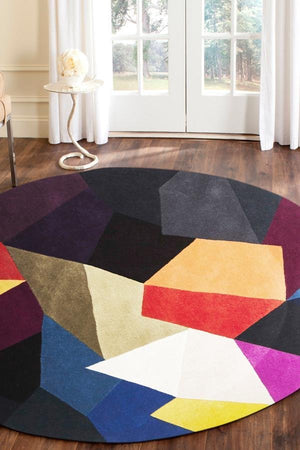 Eclectic Designer Wool Round Rug Blue Rust Purple - Floorsome - Modern