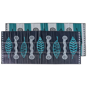 GUM LEAVES & WATERHOLES Aboriginal Design Recycled Mat, Teal, Black and Grey 5x2.4m - Floorsome - Outdoor Rugs