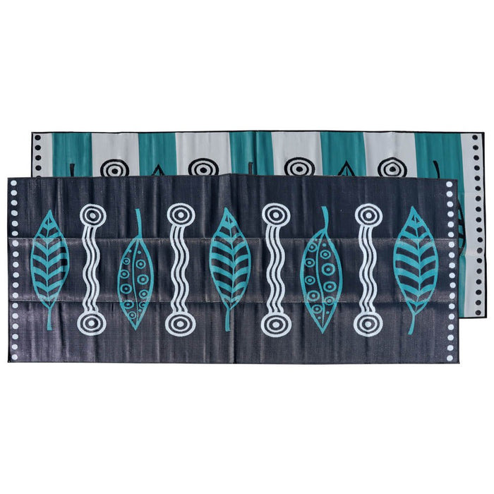 GUM LEAVES & WATERHOLES Aboriginal Design Recycled Mat, Teal, Black and Grey 5x2.4m