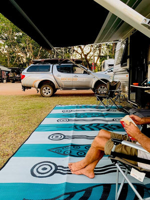 GUM LEAVES & WATERHOLES Aboriginal Design Recycled Mat, Teal, Black and Grey 5x2.4m - Floorsome - Outdoor Rugs