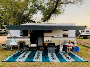 GUM LEAVES & WATERHOLES Aboriginal Design Recycled Mat, Teal, Black and Grey 5x2.4m - Floorsome - Outdoor Rugs