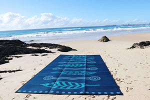 GUM LEAVES & WATERHOLES Aboriginal Design Recycled Mat, Teal, Grey & Navy 5x2.4m - Floorsome - Outdoor Rugs