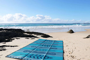 GUM LEAVES & WATERHOLES Aboriginal Design Recycled Mat, Teal, Grey & Navy 5x2.4m - Floorsome - Outdoor Rugs