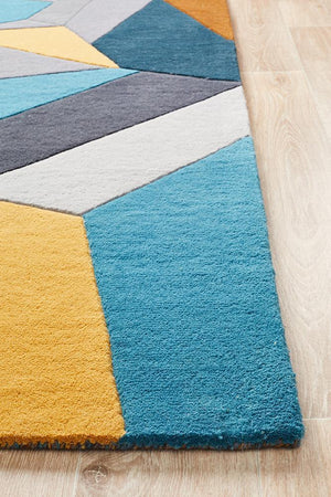 Laura Designer Wool Rug Blue Yellow Grey - Floorsome - Modern