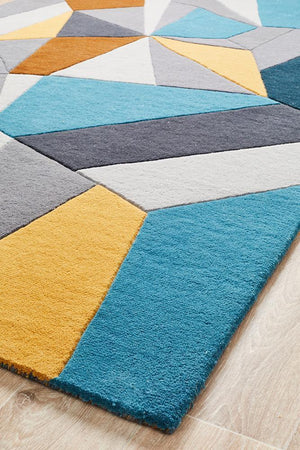 Laura Designer Wool Rug Blue Yellow Grey - Floorsome - Modern