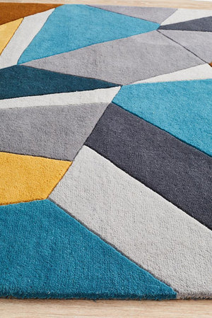 Laura Designer Wool Rug Blue Yellow Grey - Floorsome - Modern