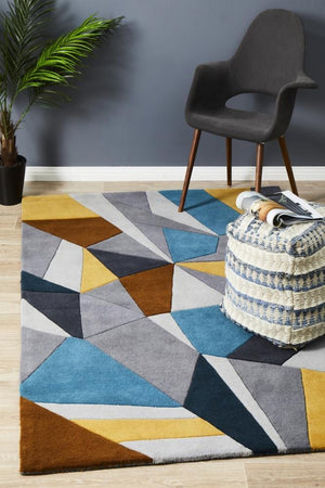 Laura Designer Wool Rug Blue Yellow Grey - Floorsome - Modern