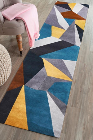 Laura Designer Wool Runner Rug Blue Yellow Grey - Floorsome - Modern