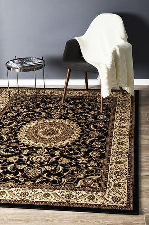 Medallion Rug Black with Ivory Border - Floorsome - Traditional