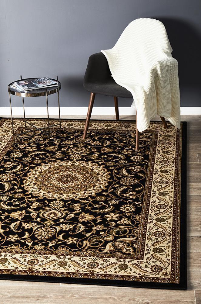 Medallion Rug Black with Ivory Border