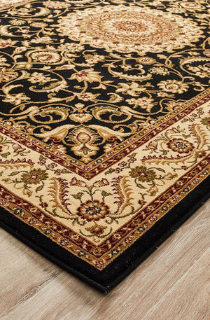 Medallion Rug Black with Ivory Border - Floorsome - Traditional