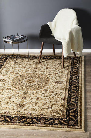 Medallion Rug Ivory with Black Border - Floorsome - Traditional