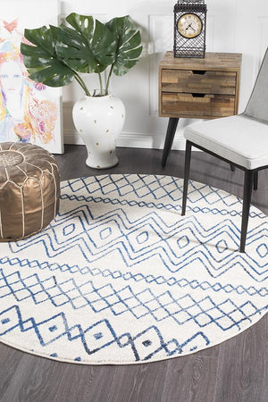 Oasis 453 White Blue Rustic Tribal Round Rug - Floorsome - Modern