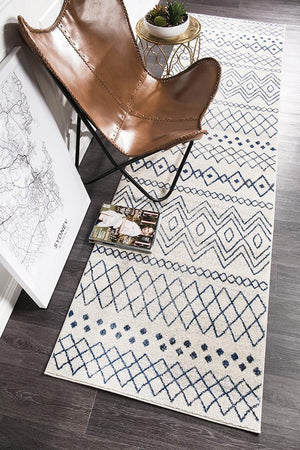 Oasis 453 White Blue Rustic Tribal Runner Rug - Floorsome - Modern