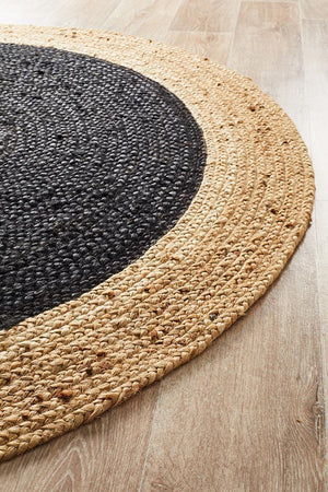 Round Jute Natural Rug Black - Floorsome - Natural