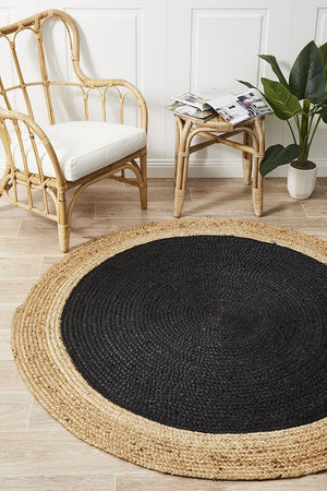 Round Jute Natural Rug Black - Floorsome - Natural