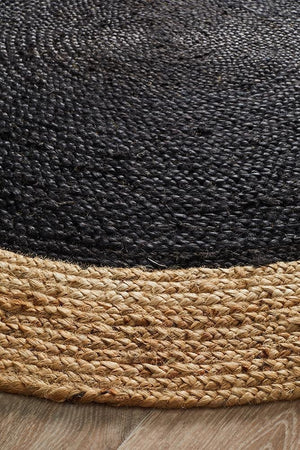 Round Jute Natural Rug Black - Floorsome - Natural