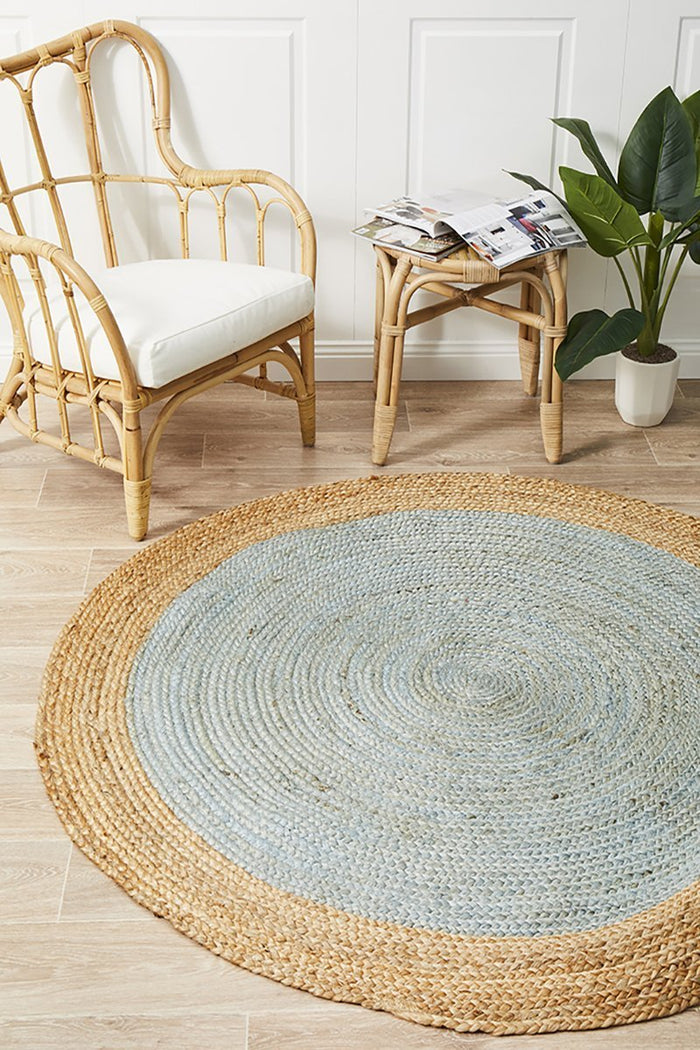 Round Jute Natural Rug Blue