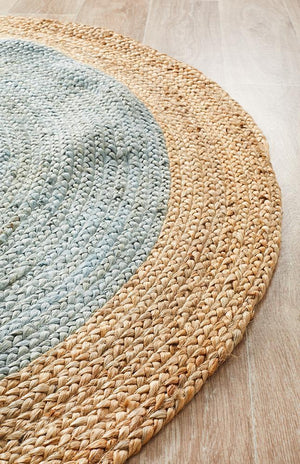 Round Jute Natural Rug Blue - Floorsome - Natural