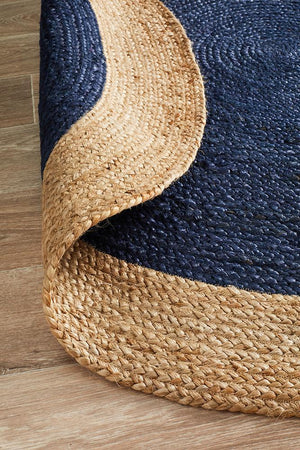 Round Jute Natural Rug Navy - Floorsome - Flatweave