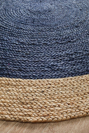 Round Jute Natural Rug Navy - Floorsome - Flatweave