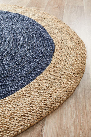 Round Jute Natural Rug Navy - Floorsome - Flatweave