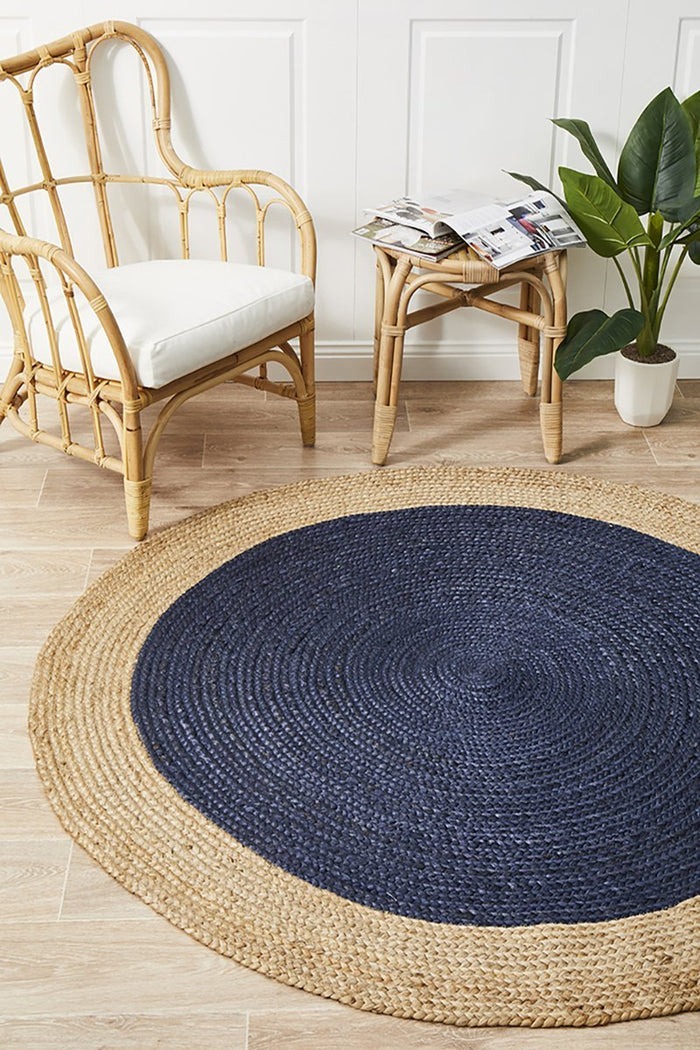 Round Jute Natural Rug Navy