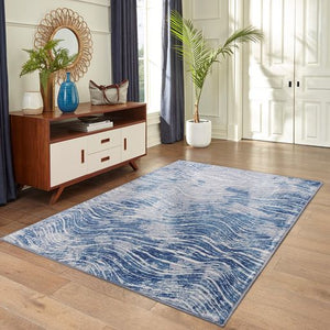 Shikhar Blue Modern Distressed Machine Washable Rug - Floorsome - Modern