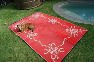 TRACKS Aboriginal Design Recycled Plastic Mat, Red & White 1.8 x 2.7m - Floorsome - Outdoor Rugs