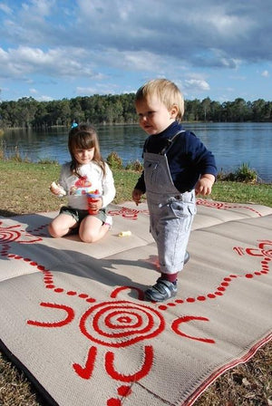 TRACKS Aboriginal Design Recycled Plastic Mat, Red & White 1.8 x 2.7m - Floorsome - Outdoor Rugs