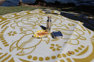 TURTLE SEASON Aboriginal Design Recycled Mat, Mustard & Grey 2.7m - Floorsome - Outdoor Rugs