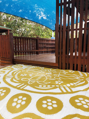 TURTLE SEASON Aboriginal Design Recycled Mat, Mustard & Grey 2.7m - Floorsome - Outdoor Rugs