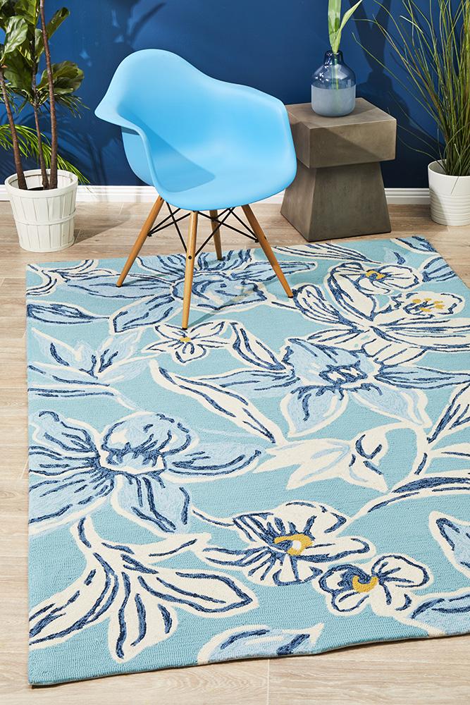 Whimsical Blue Floral Indoor Outdoor Rug