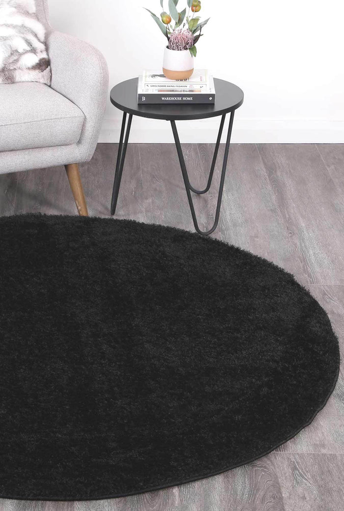 Puffy Soft Shag Round Rug Black